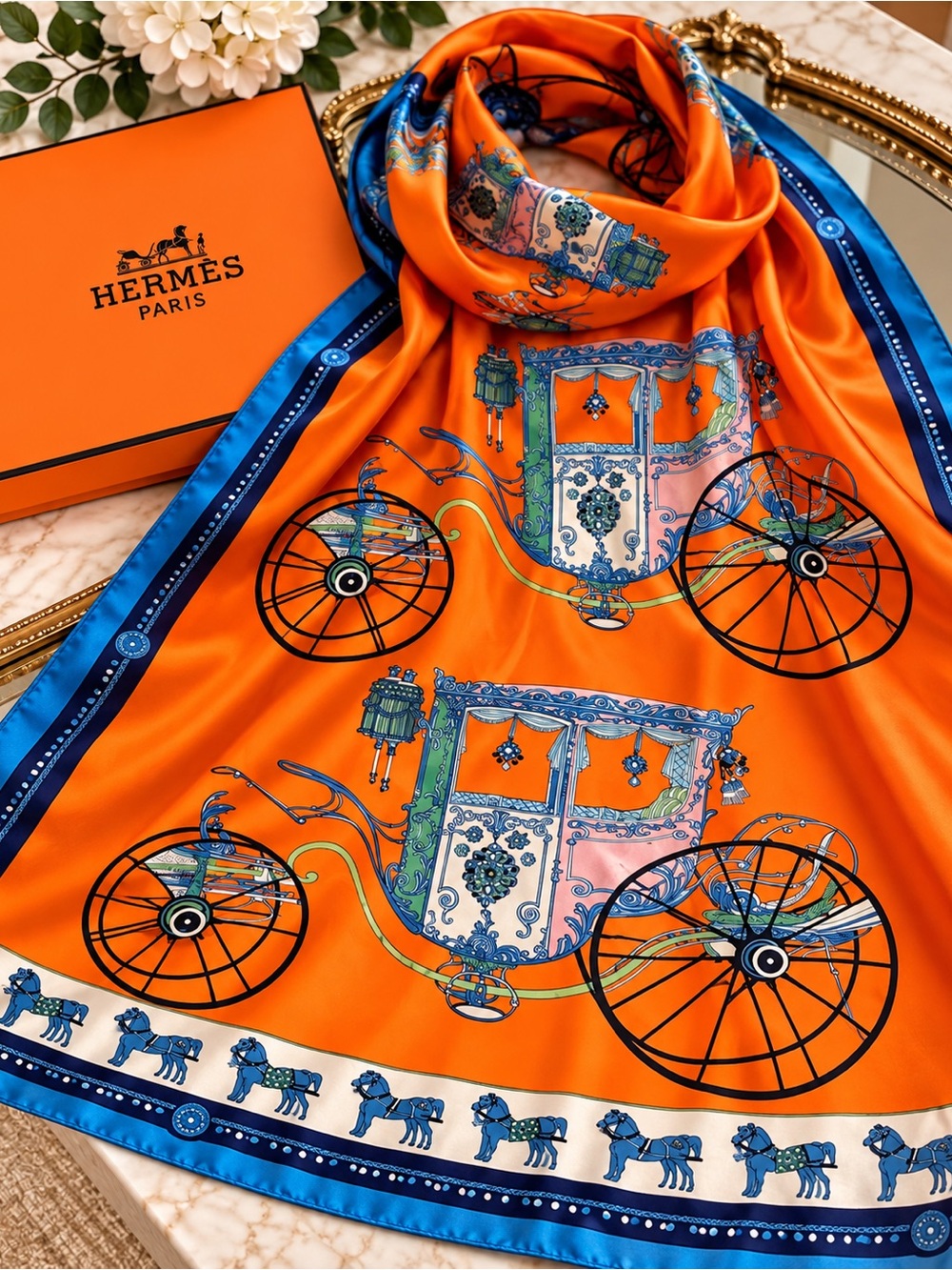 Authentic Hermes Coupe de Gala Silk Scarf Orange Teal Blue Shawl 36x70